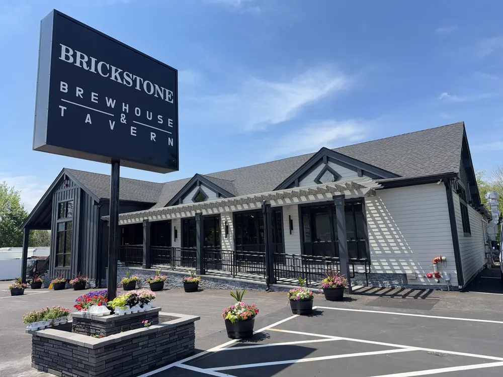 Brickstone Brewhouse & Tavern building and sign at 1736 Broadway, Raynham
