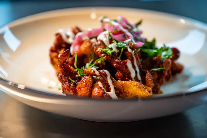 Plated tavern appetizer with pickled red onions and aioli drizzle
